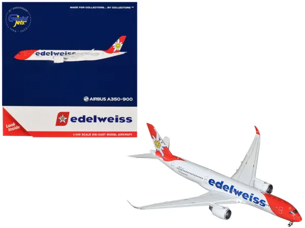 Airbus A350-900 Commercial Aircraft with Flaps Down Configuration "Edelweiss Air" (HB-IHC) White with Red Tail 1/400 Diecast Model Airplane by GeminiJets #1