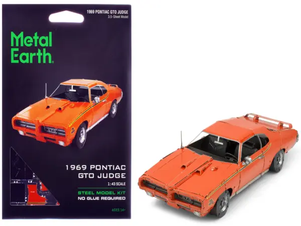Model Kit 1969 Pontiac GTO Judge Orange with Black Stripes (Moderate Difficulty) Steel Model by Metal Earth #1