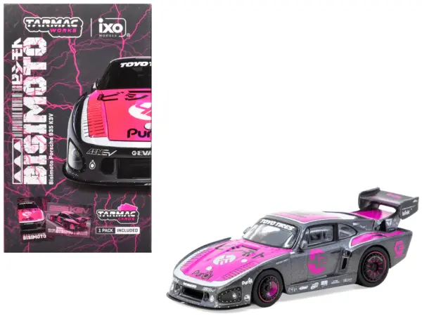 Porsche 935 K3V Bisimoto Gray Metallic with Pink Hood and Top with Tarmac Cards "Hobby64" Series 1/64 Diecast Model by Tarmac Works #1