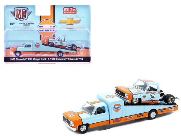 1973 Chevrolet C30 Wedge Truck Light Blue and Orange and 1978 Chevrolet Silverado 10 Bedless Truck #15 Light Blue and Orange (Rusted) "Gulf Oil" Limited Edition to 8000 pieces Worldwide 1/64 Diecast Model by M2 Machines #1