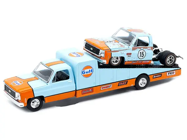1973 Chevrolet C30 Wedge Truck Light Blue and Orange and 1978 Chevrolet Silverado 10 Bedless Truck #15 Light Blue and Orange (Rusted) "Gulf Oil" Limited Edition to 8000 pieces Worldwide 1/64 Diecast Model by M2 Machines #2