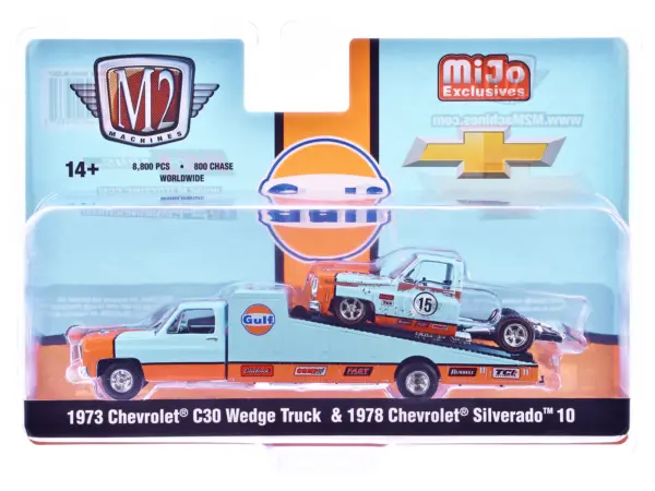 1973 Chevrolet C30 Wedge Truck Light Blue and Orange and 1978 Chevrolet Silverado 10 Bedless Truck #15 Light Blue and Orange (Rusted) "Gulf Oil" Limited Edition to 8000 pieces Worldwide 1/64 Diecast Model by M2 Machines #3