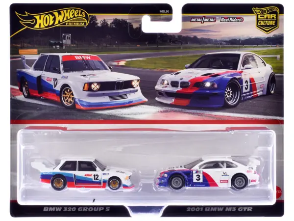 BMW 320 Group 5 #12 White with Stripes and 2001 BMW M3 GTR #3 White with Stripes "Car Culture" Set of 2 Cars Diecast Model Cars by Hot Wheels #1