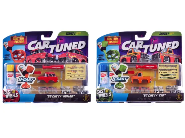 1987 Chevrolet C10 Pickup Truck Orange and 1956 Chevrolet Nomad Red "Custom Shop" 2 Car Set Diecast Model Cars by CarTuned #1