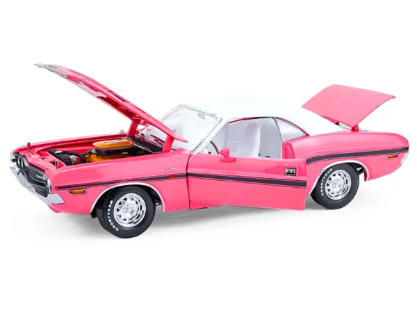 1970 Dodge Challenger R/T 440 Six Pack Panther Pink with Black Stripes White Top and White Interior 1/18 Diecast Model Car by Greenlight #2