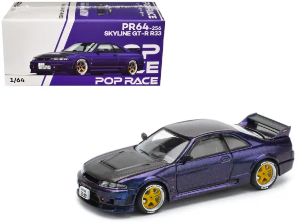 Skyline GT-R (R33) RHD (Right Hand Drive) Midnight Purple Metallic with Carbon Hood 1/64 Diecast Model Car by Pop Race #1
