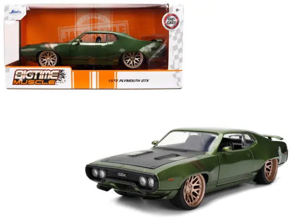1972 Plymouth GTX Green Metallic with Matt Black Hood and Gold Stripes "Bigtime Muscle" Series 1/24 Diecast Model Car by Jada #1
