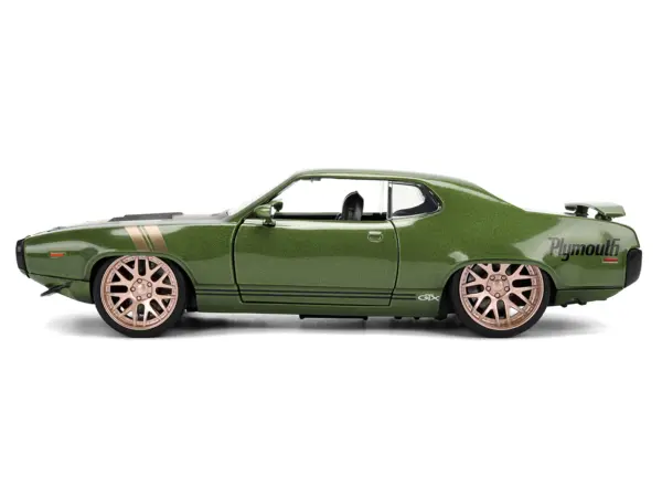 1972 Plymouth GTX Green Metallic with Matt Black Hood and Gold Stripes "Bigtime Muscle" Series 1/24 Diecast Model Car by Jada #3