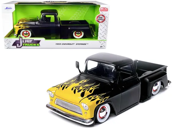 1955 Chevrolet Stepside Pickup Truck Matt Black with Yellow Flames "Just Trucks" Series 1/24 Diecast Model Car by Jada #1