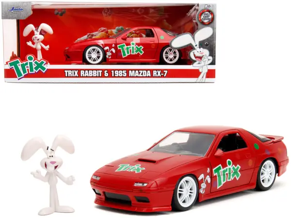 1985 Mazda RX-7 RHD (Right Hand Drive) Red with Graphics and Trix Rabbit Diecast Figure "Trix Cereal" "Hollywood Rides" Series 1/24 Diecast Model Car by Jada #1