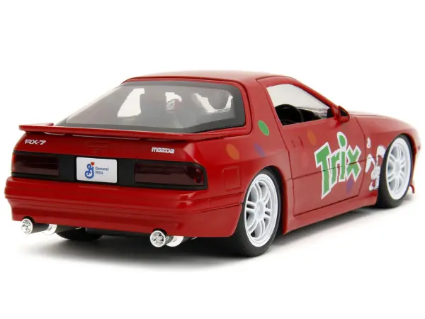 1985 Mazda RX-7 RHD (Right Hand Drive) Red with Graphics and Trix Rabbit Diecast Figure "Trix Cereal" "Hollywood Rides" Series 1/24 Diecast Model Car by Jada #5