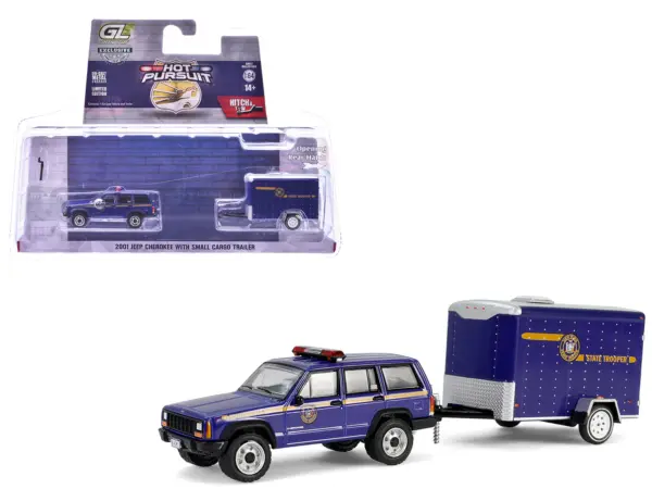 2001 Jeep Cherokee "New York State Police" Blue with Yellow Stripes and Small Cargo Trailer "Hot Pursuit Hitch & Tow" Series 1 1/64 Diecast Model Cars by Greenlight #1