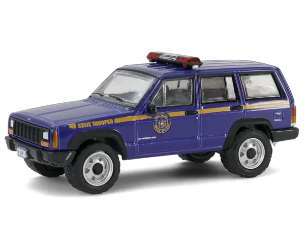2001 Jeep Cherokee "New York State Police" Blue with Yellow Stripes and Small Cargo Trailer "Hot Pursuit Hitch & Tow" Series 1 1/64 Diecast Model Cars by Greenlight #4
