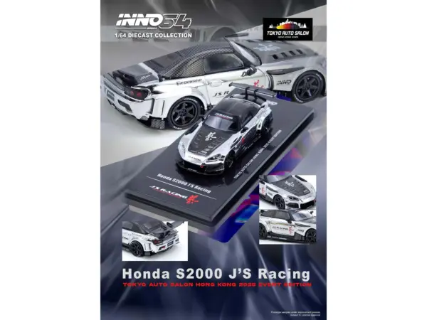 Honda S2000 RHD (Right Hand Drive) "J's Racing" Chrome Silver with Carbon Hood and Top with Graphics "Tokyo Auto Salon Hong Kong 2025 Event Edition" 1/64 Diecast Model Car by Inno Models #4