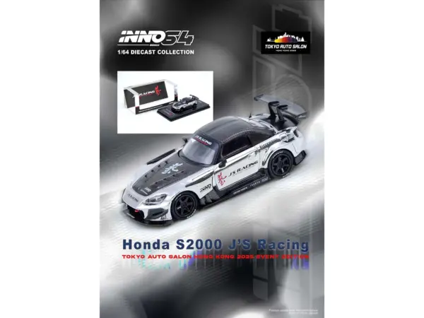 Honda S2000 RHD (Right Hand Drive) "J's Racing" Chrome Silver with Carbon Hood and Top with Graphics "Tokyo Auto Salon Hong Kong 2025 Event Edition" 1/64 Diecast Model Car by Inno Models #5