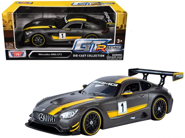 Mercedes AMG GT3 #1 Matt Gray with Yellow Stripes "GT Racing" 1/24 Diecast Model Car by Motormax #1