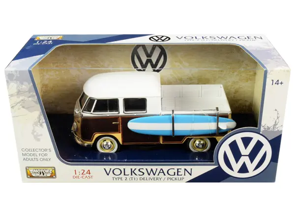 Volkswagen Type 2 (T1) Pickup White and Yellow with Wood Paneling with Surfboard 1/24 Diecast Model Car by Motormax #1