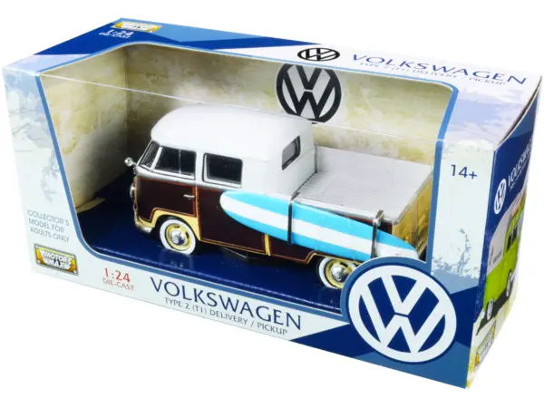 Volkswagen Type 2 (T1) Pickup White and Yellow with Wood Paneling with Surfboard 1/24 Diecast Model Car by Motormax #2