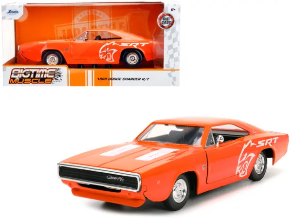 1968 Dodge Charger R/T SRT Orange with White Stripes and Graphics "Bigtime Muscle" Series 1/24 Diecast Model Car by Jada #1