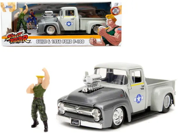 1956 Ford F-100 Pickup Truck Tan and Gray Metallic and Guile Diecast Figure "Street Fighter" Video Game "Anime Hollywood Rides" Series 1/24 Diecast Model Car by Jada #1