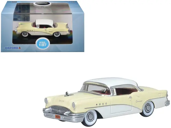 1955 Buick Century Condor Yellow and Dover White with Red Interior 1/87 (HO) Scale Diecast Model Car by Oxford Diecast #1