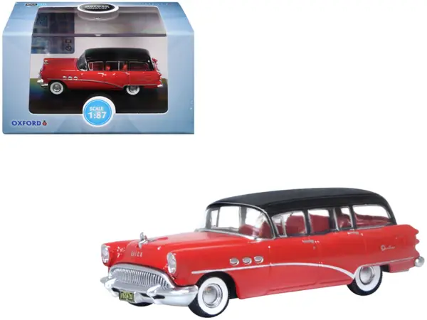 1954 Buick Century Estate Wagon Matador Red and Carlsbad Black with Red Interior 1/87 (HO) Scale Diecast Model Car by Oxford Diecast #1