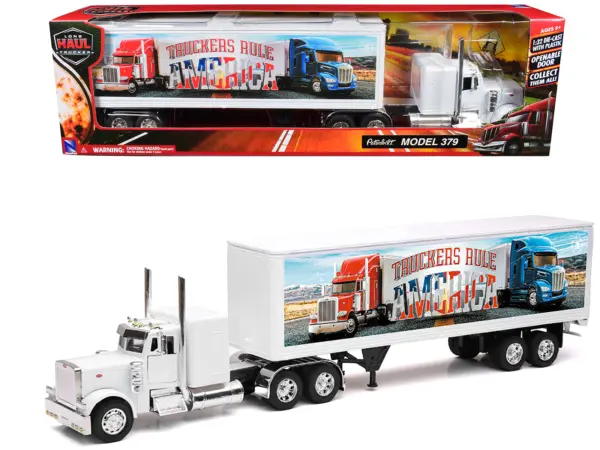 Peterbilt 379 Truck White with Dry Van Trailer "Truckers Rule America" "Long Haul Truckers" Series 1/32 Diecast Model by New Ray #1