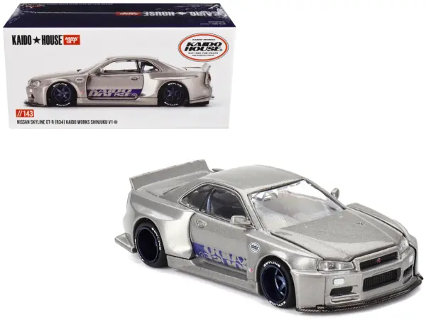 Nissan Skyline GT-R (R34) "Kaido Works Shinjuku V1" RHD (Right Hand Drive) Silver Metallic (Designed by Jun Imai) "Kaido House" Special 1/64 Diecast Model Car by Mini GT #1