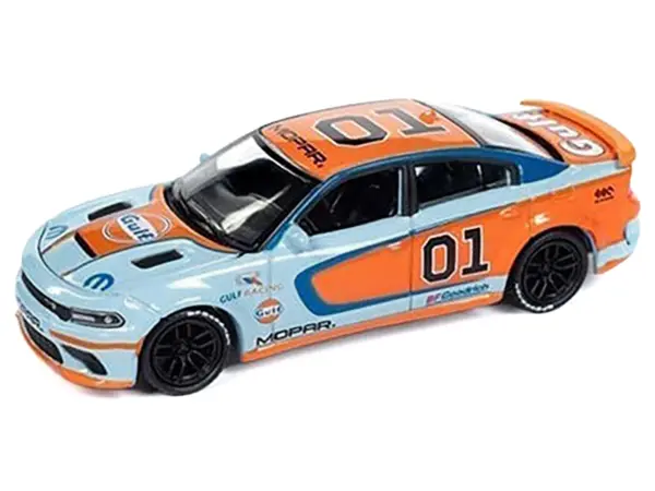 2021 Dodge Charger SRT Hellcat #01 "Gulf Oil-MOPAR" Light Blue and Orange Limited Edition to 4800 pieces Worldwide 1/64 Diecast Model Car by Auto World #2