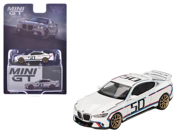 BMW 3.0 CSL #50 White with Blue and Red Stripes and Gold Wheels Limited Edition 1/64 Diecast Model Car by Mini GT #1