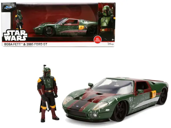 2005 Ford GT Green (Weathered) with Graphics and Boba Fett Figure "Star Wars" Franchise "Hollywood Rides" Series 1/24 Diecast Model Car by Jada #1