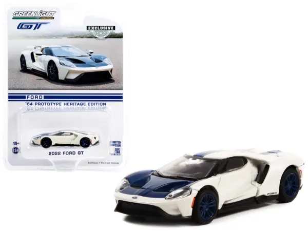 2022 Ford GT "1964 Prototype Heritage Edition" White Metallic with Blue Hood and Stripe "Hobby Exclusive" Series 1/64 Diecast Model Car by Greenlight #1