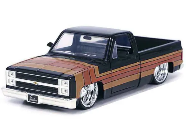 1985 Chevrolet C-10 Pickup Truck Black with Stripes and Paradox Wheels "Just Trucks" Series 1/24 Diecast Model Car by Jada #2