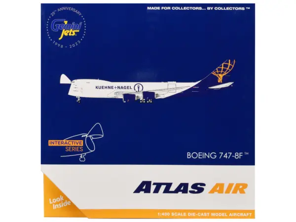 Boeing 747-8F Commercial Aircraft "Atlas Air - Kuehne+Nagel" (N862GT) White with Blue Tail "Interactive Series" 1/400 Diecast Model Airplane by GeminiJets #3