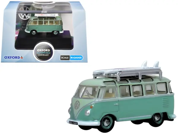 Volkswagen T1 Samba Bus RHD (Right Hand Drive) Green Two-Tone with Surfboards on Roof Rack 1/148 (N) Scale Diecast Model Car by Oxford Diecast #1