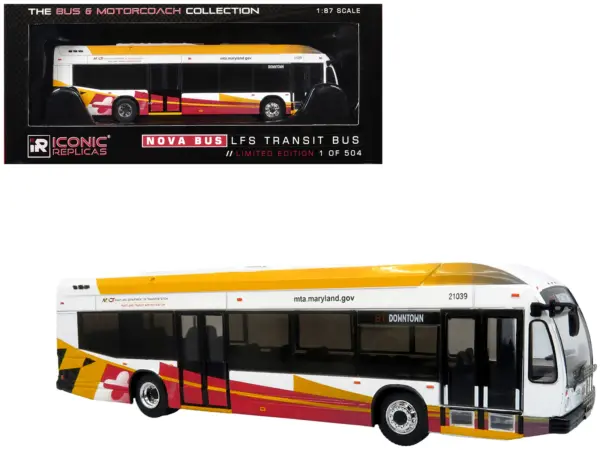Nova Bus LFSH Hybrid Transit Bus "MTA Maryland" White with Red and Yellow Graphics "The Bus & Motorcoach Collection" Limited Edition to 504 pieces Worldwide 1/87 (HO) Diecast Model by Iconic Replicas #1