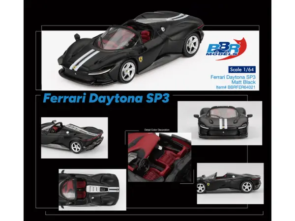 Ferrari Daytona SP3 Matt Black with White Stripes and Red Interior 1/64 Diecast Model Car by BBR #4