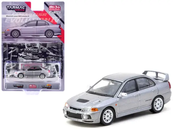 Mitsubishi Lancer Evolution IV Silver Metallic with Tarmac Cards "Global64" Series 1/64 Diecast Model by Tarmac Works #1