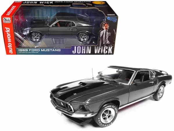 1969 Ford Mustang Dark Gray Metallic with Black Stripes "John Wick" (2014) Movie "Silver Screen Machines" Series 1/18 Diecast Model Car by Auto World #1