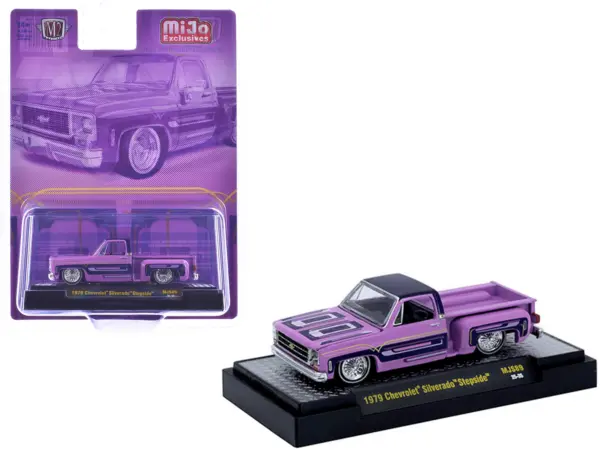 1979 Chevrolet Silverado Stepside Pickup Truck Pink with Purple Top and Graphics Limited Edition to 9350 pieces Worldwide 1/64 Diecast Model Car by M2 Machines #1
