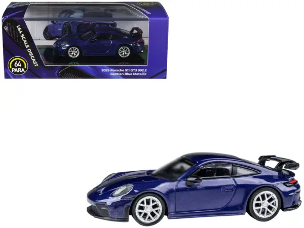 2025 Porsche 911 GT3 (992.2) Gentian Blue Metallic with Carbon Stripe 1/64 Diecast Model Car by Paragon Models #1