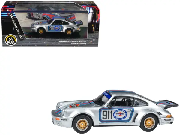 Porsche 911 Carrera RSR 3.0 "Martini Racing" Silver Metallic with Stripes 1/64 Diecast Model Car by Paragon Models #1