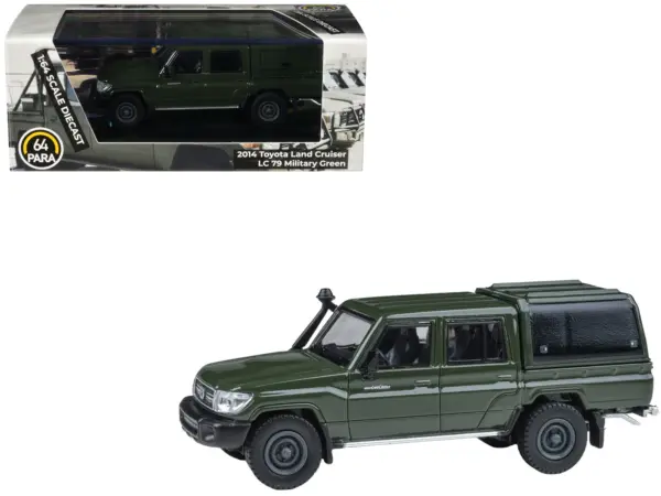 2014 Toyota Land Cruiser LC 79 with Camper Shell Military Green 1/64 Diecast Model Car by Paragon Models #1