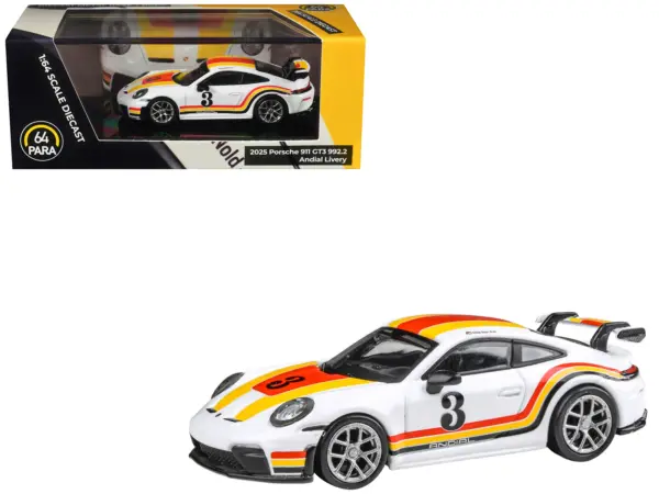 2025 Porsche 911 GT3 (992.2) #3 "Andial Livery" White with Stripes 1/64 Diecast Model Car by Paragon Models #1
