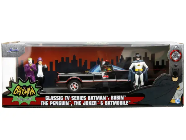 1966 Classic Batmobile with Diecast Batman The Joker The Penguin and Plastic Robin Sitting Inside The Car "Batman" TV Series (1966) "Hollywood Rides" Series 1/24 Diecast Model Car by Jada #1