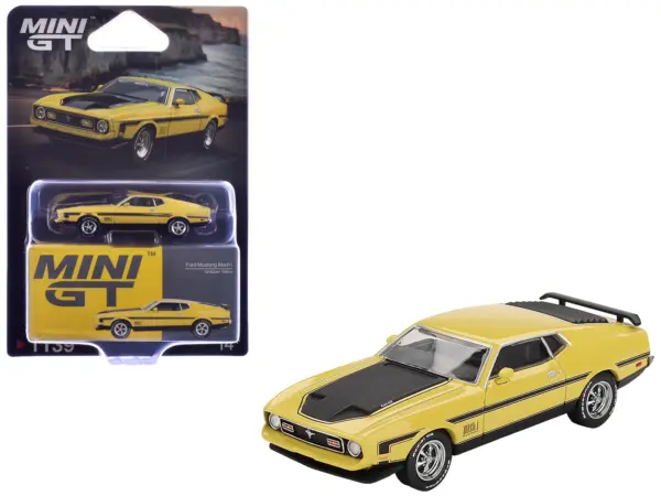 Ford Mustang Mach 1 Grabber Yellow with Black Hood and Stripes Limited Edition 1/64 Diecast Model Car by Mini GT #1