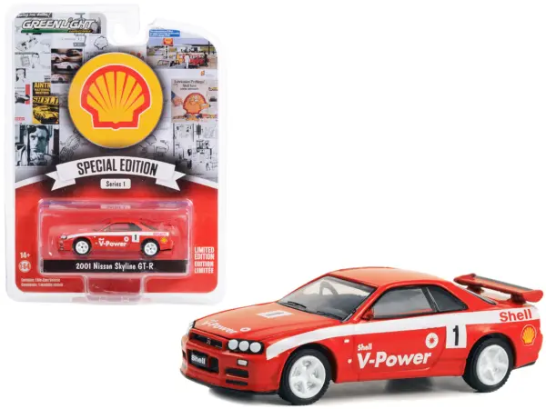 2001 Nissan Skyline GT-R (R34) #1 Red with White Stripes "Shell Racing" "Shell Oil Special Edition" Series 1 1/64 Diecast Model Car by Greenlight #1