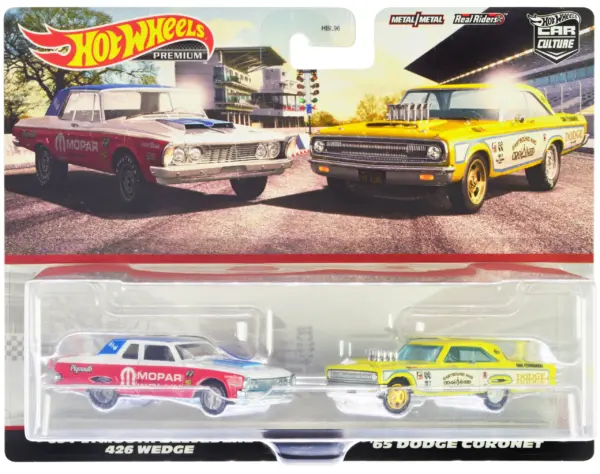 1963 Plymouth Belvedere 426 Wedge "MOPAR" White and Red with Blue Top and 1965 Dodge Coronet "Eastbound and Crowned" Yellow and White "Car Culture" Set of 2 Cars Diecast Model Cars by Hot Wheels #1