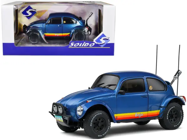 1975 Volkswagen Beetle Baja Blue Metallic with Stripes 1/18 Diecast Model Car by Solido #1