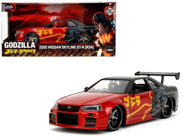 2002 Nissan Skyline GT-R (R34) RHD (Right Hand Drive) Red Metallic and Black "Godzilla vs. Destoroyah" (1995) Movie "Hollywood Rides" Series 1/24 Diecast Model Car by Jada #1